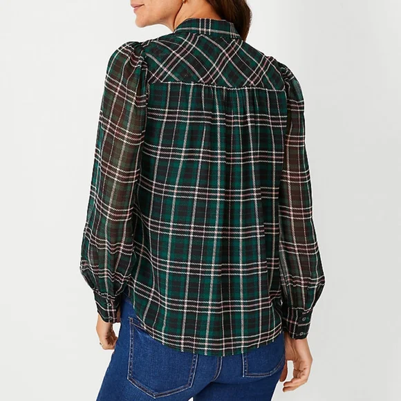 {Ann Taylor} Plaid Sheer Sleeve Shirt Size Small - Picture 4 of 16